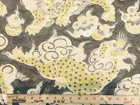 Dunmore Dragons Linen Fabric - Yellow, Beige, Taupe Dragon Print, 54" Width (1 Yard)