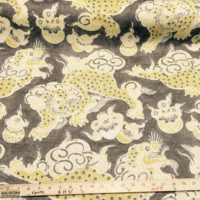 Dunmore Dragons Linen Fabric - Yellow, Beige, Taupe Dragon Print, 54" Width (1 Yard)