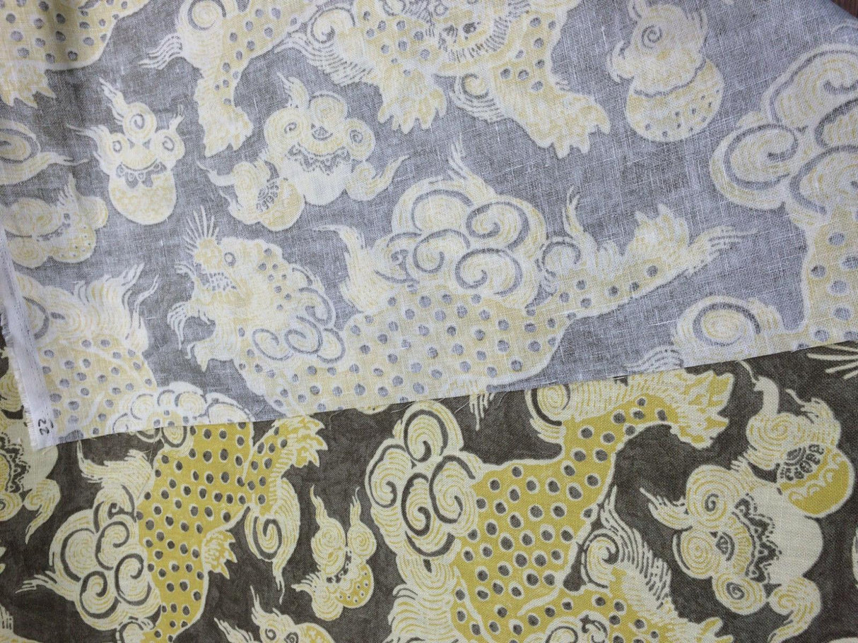Dunmore Dragons Linen Fabric - Yellow, Beige, Taupe Dragon Print, 54" Width (1 Yard)