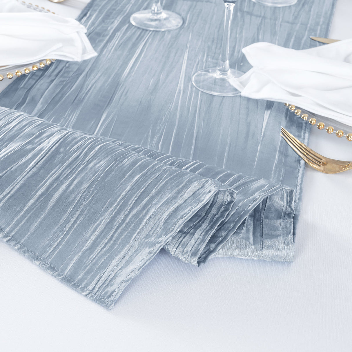 Accordion Crinkle Taffeta Table Runner 13x108 Dusty Blue