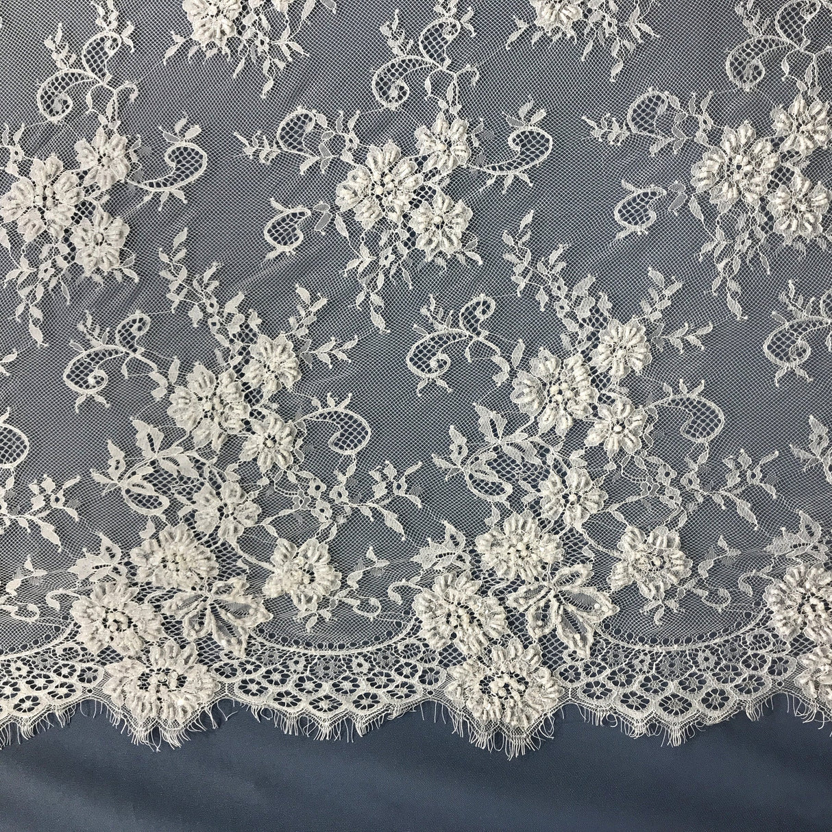 1 Panel Beaded Chantilly Embroidered Lace Fabric with Double Side Eyelash Scallop – 3 Yards x 58"