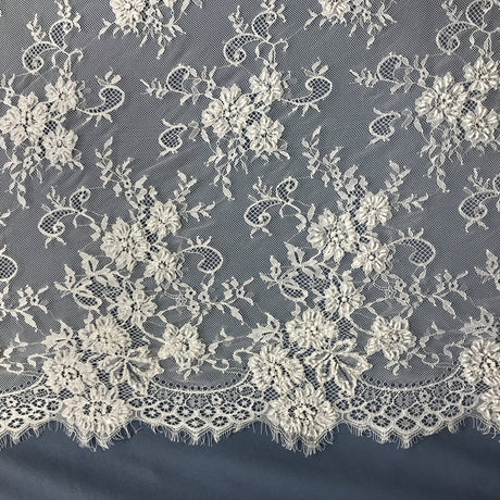 3 Yards Beaded Chantilly Embroidered Lace Fabric with Double Side Eyelash Scallop