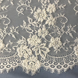 Beaded Chantilly Embroidered Lace Fabric - White, Off White Floral Embroidery, Double-Sided Eyelash Scallop, 58" Width (3 Yards)