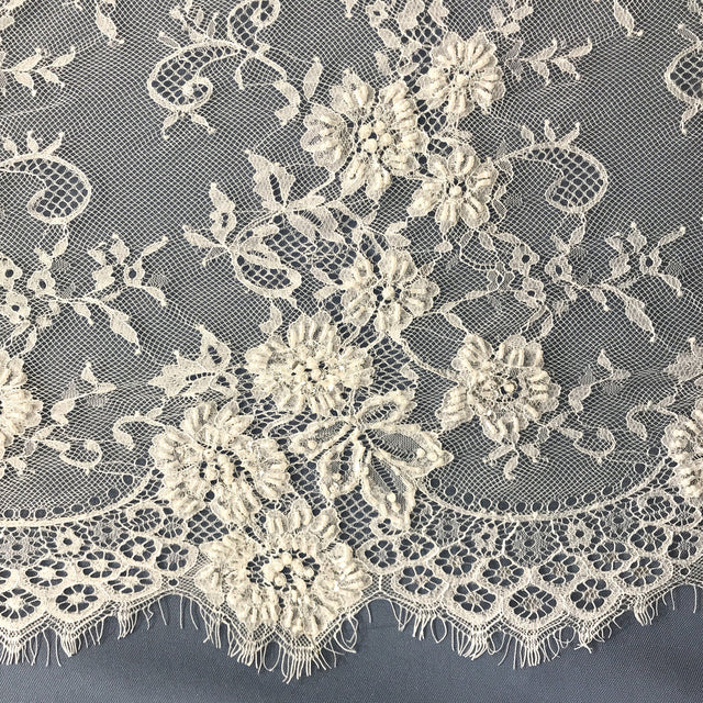 Beaded Chantilly Embroidered Lace Fabric - White, Off White Floral Embroidery, Double-Sided Eyelash Scallop, 58" Width (3 Yards)