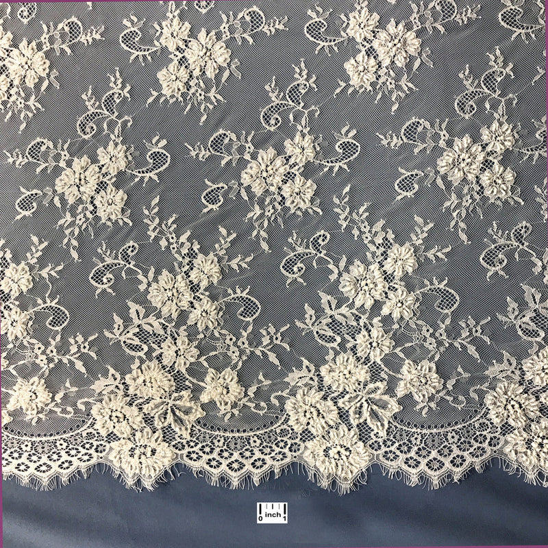 3 Yards Beaded Chantilly Embroidered Lace Fabric with Double Side Eyelash Scallop  58" wide