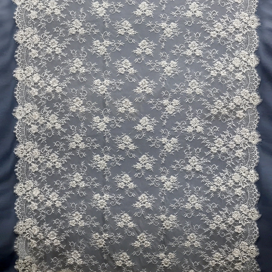 3 Yards Beaded Chantilly Embroidered Lace Fabric with Double Side Eyelash Scallop