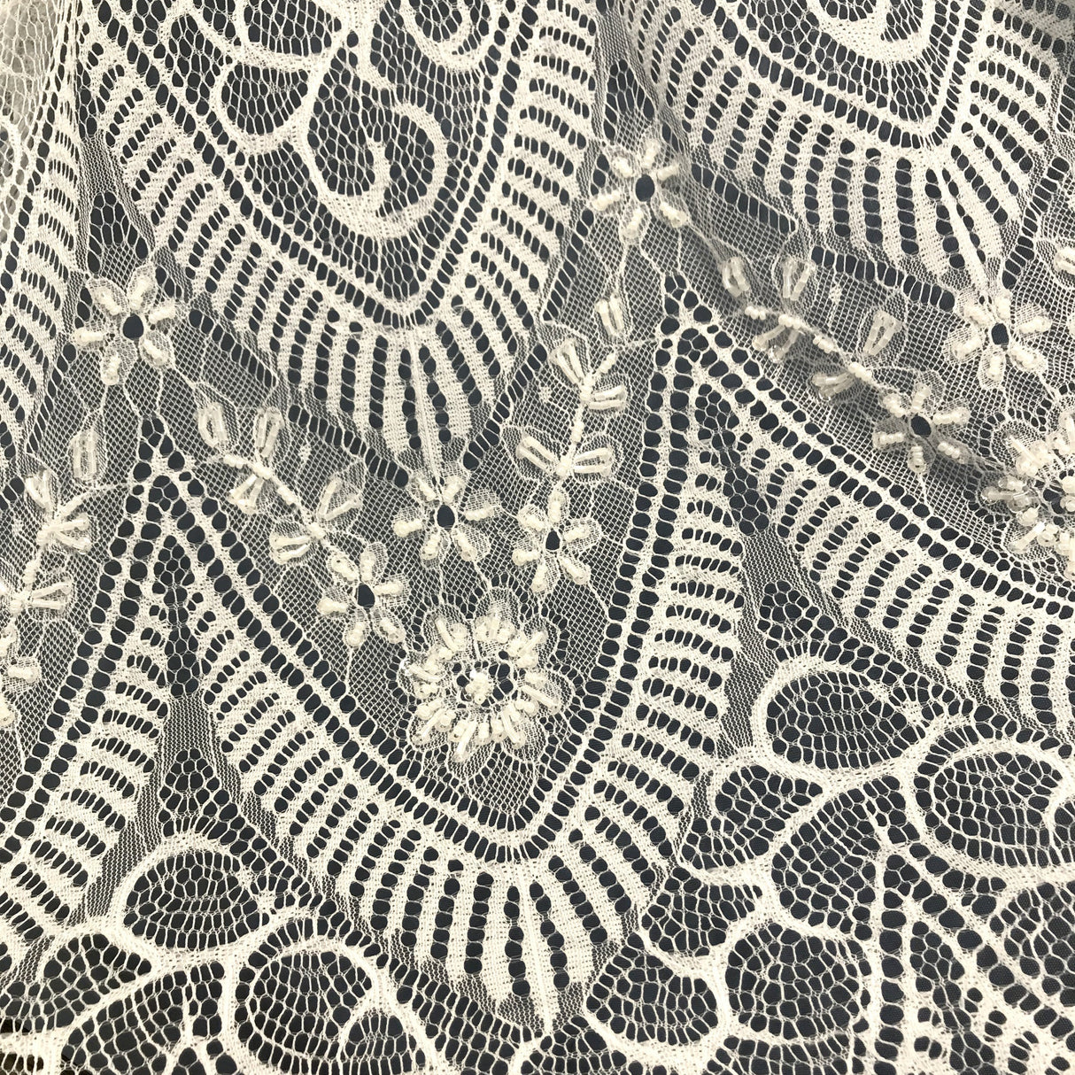 Beaded Chantilly Embroidered Lace Fabric - Eyelash Scallop, White, 58" Width (3 Yards)