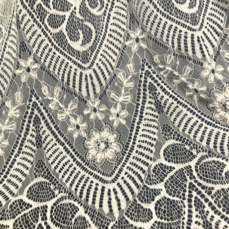 Beaded Chantilly Embroidered Lace Fabric - Eyelash Scallop, White, 58" Width (3 Yards)