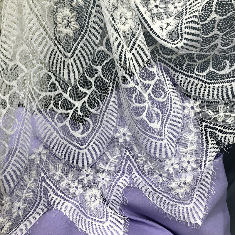 Beaded Chantilly Lace Fabric with Eyelash Scallop