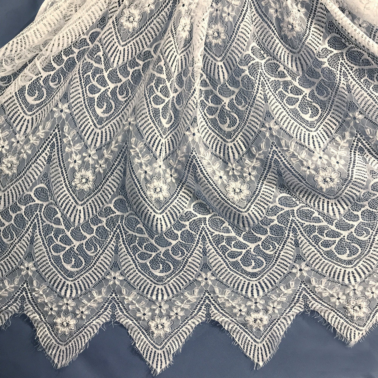 Beaded Chantilly Embroidered Lace Fabric - Eyelash Scallop, White, 58" Width (3 Yards)