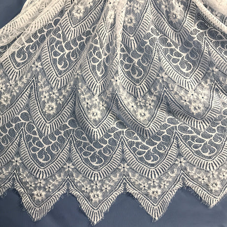 Beaded Chantilly Embroidered Lace Fabric - Eyelash Scallop, White, 58" Width (3 Yards)