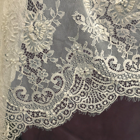 Beaded Chantilly Embroidered Lace Fabric - Eyelash Scallop, White/Off White, 58" Width (3 Yards)
