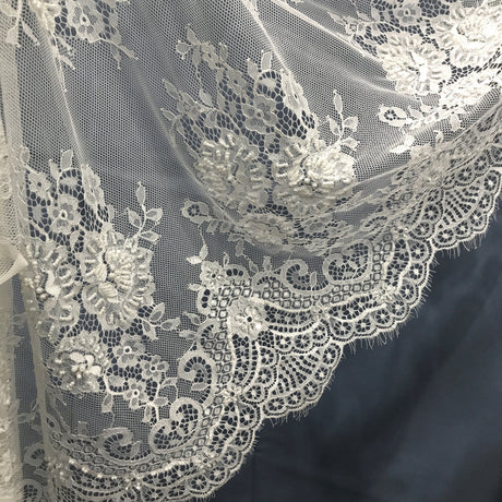 3 Yards Beaded Chantilly Embroidered Lace Fabric with Eyelash Scallop