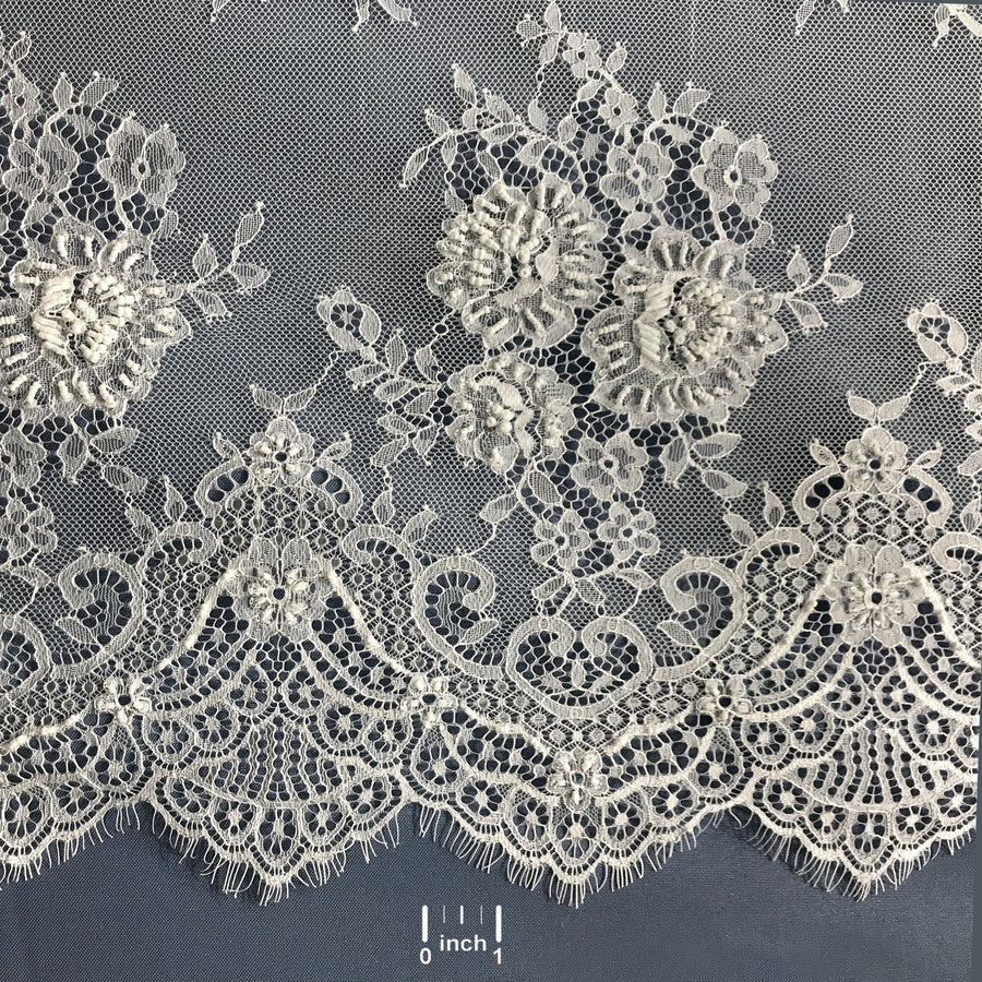 3 Yards Beaded Chantilly Embroidered Lace Fabric with Eyelash Scallop