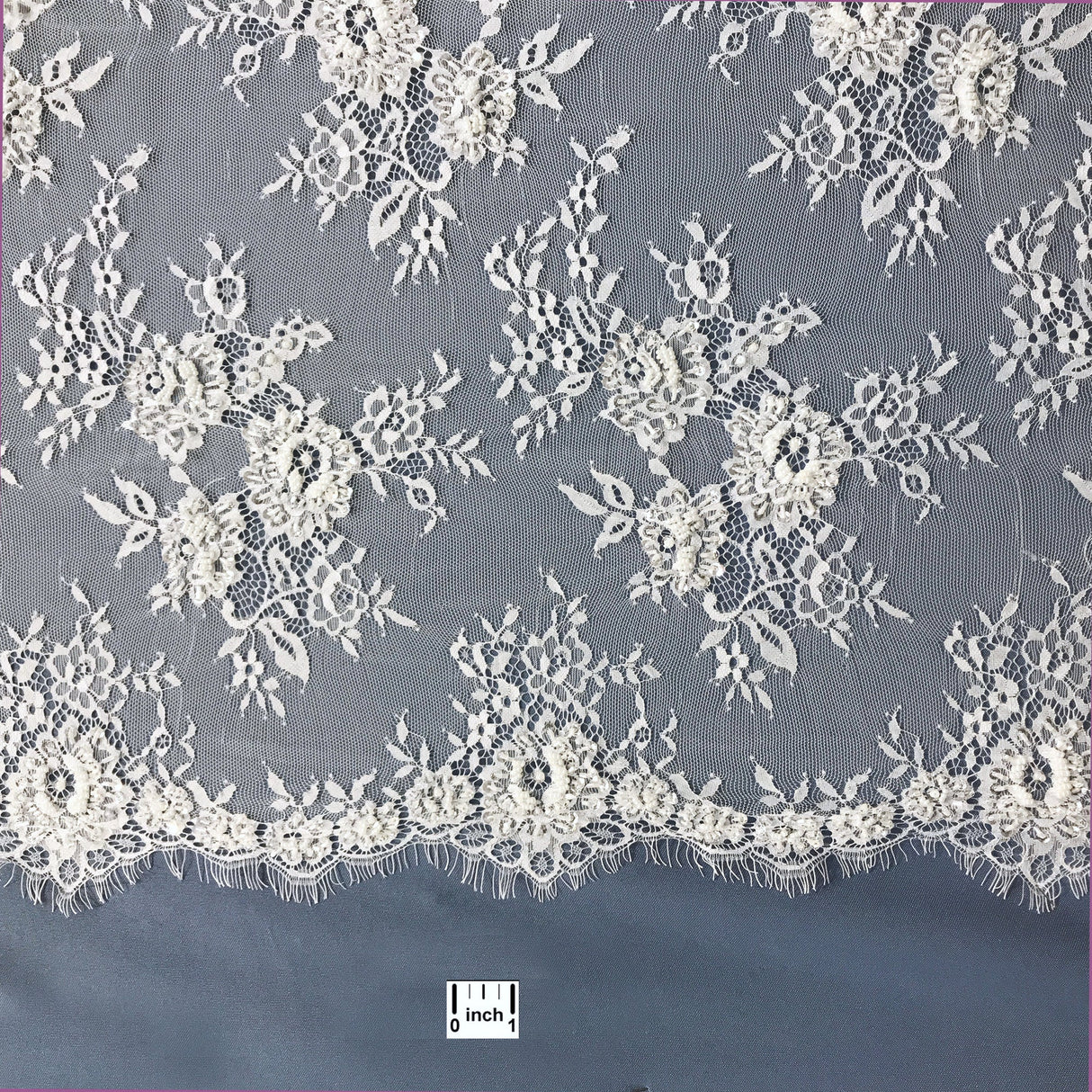 Beaded Chantilly Embroidered Lace Fabric - White, Eyelash Scallop, 58" Width (3 Yards)