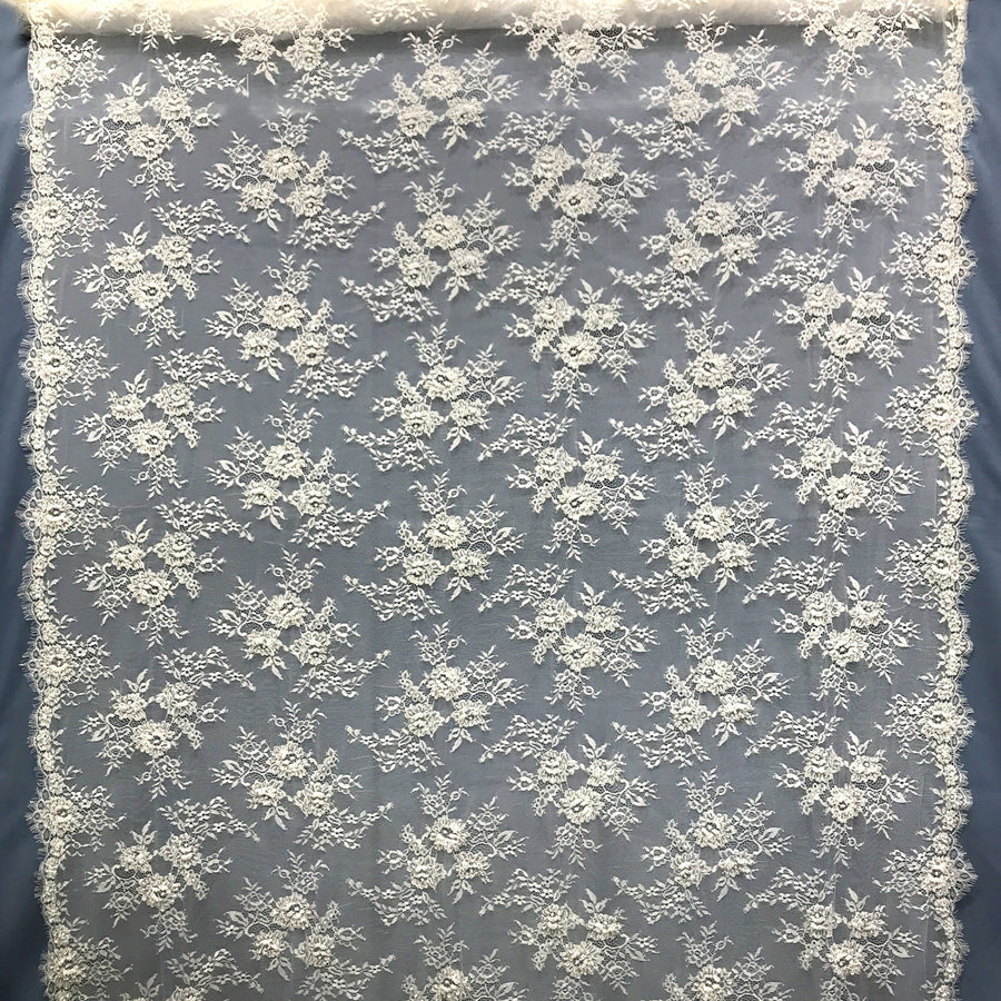 3 Yards Beaded Chantilly Embroidered Lace Fabric with Eyelash Scallop