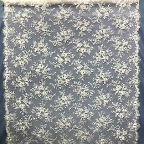 Beaded Chantilly Embroidered Lace Fabric - White, Eyelash Scallop, 58" Width (3 Yards)