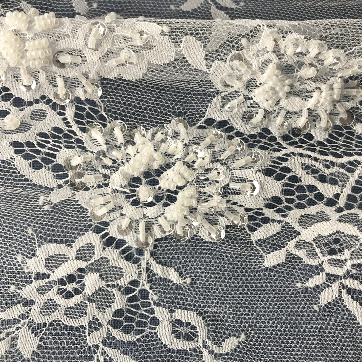 Beaded Chantilly Embroidered Lace Fabric - White, Eyelash Scallop, 58" Width (3 Yards)