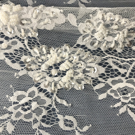 Beaded Chantilly Embroidered Lace Fabric - White, Eyelash Scallop, 58" Width (3 Yards)
