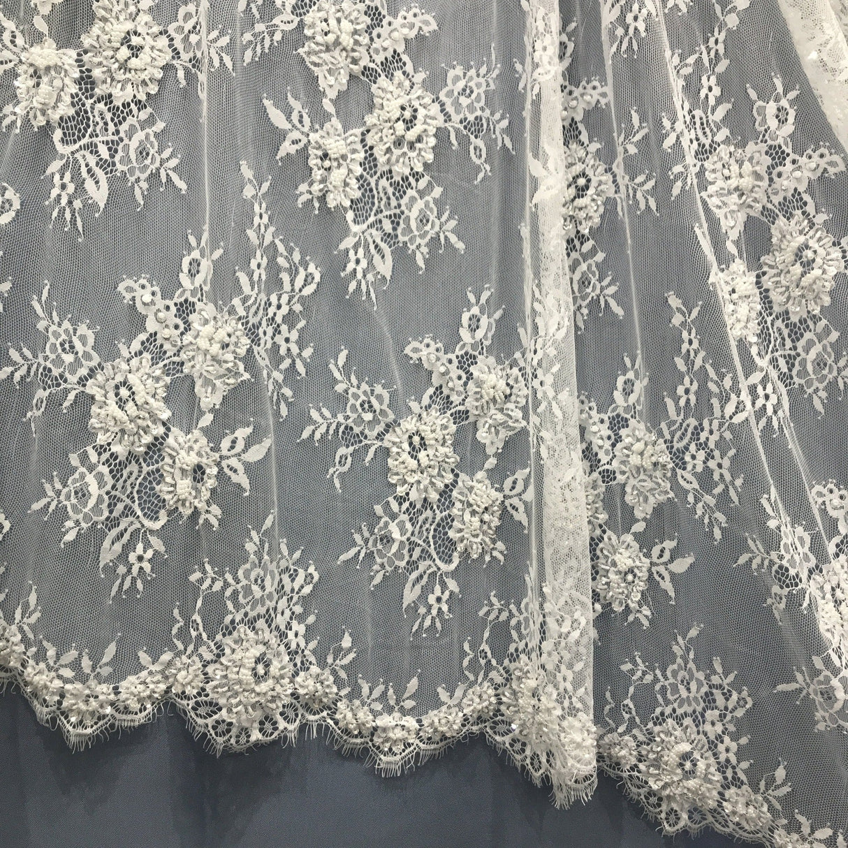 Beaded Chantilly Embroidered Lace Fabric - White, Eyelash Scallop, 58" Width (3 Yards)