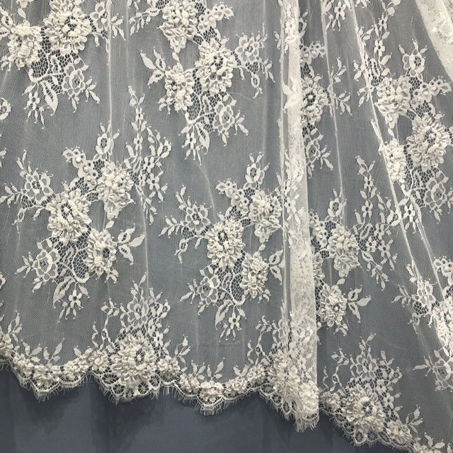 Beaded Chantilly Lace Fabric with Eyelash Scallop, 3 Yards x 58"