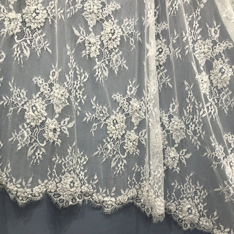 Beaded Chantilly Lace Fabric with Eyelash Scallop