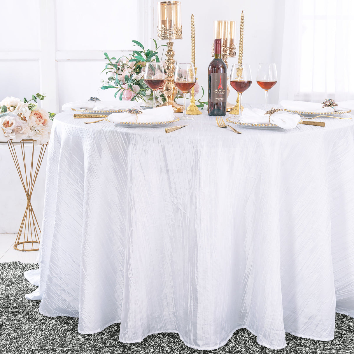 Round Accordion Crinkle Taffeta Tablecloth 132" White