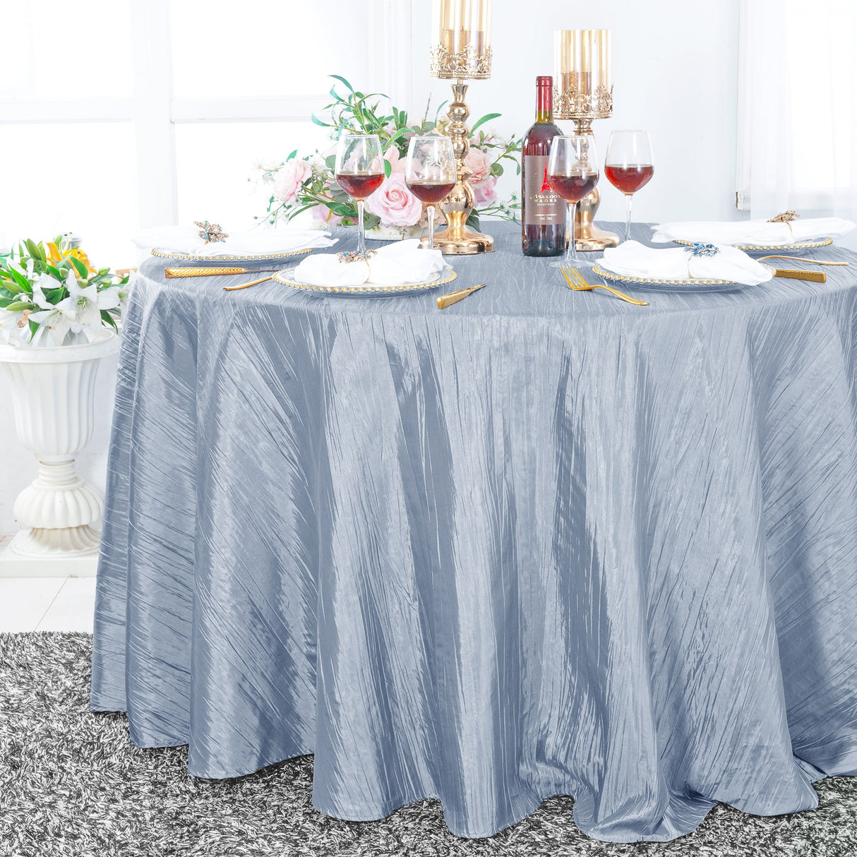 Round Accordion Crinkle Taffeta Tablecloth 132 Dusty Blue