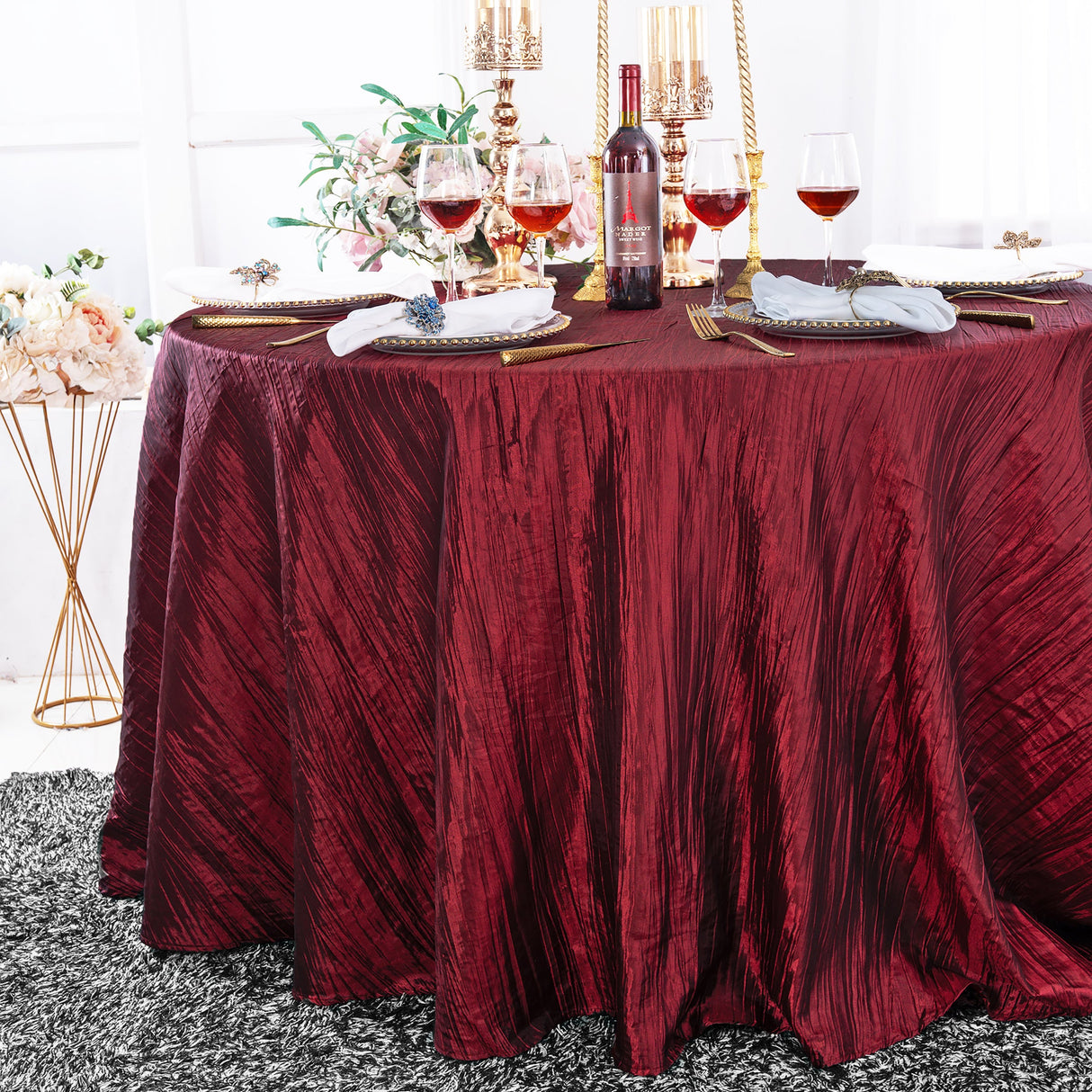 Round Accordion Crinkle Taffeta Tablecloth 120" Burgundy