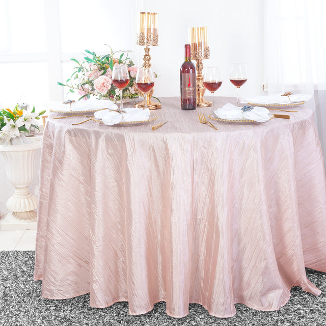 Round Accordion Crinkle Taffeta Tablecloth 132" Blush Pink/Rose Gold