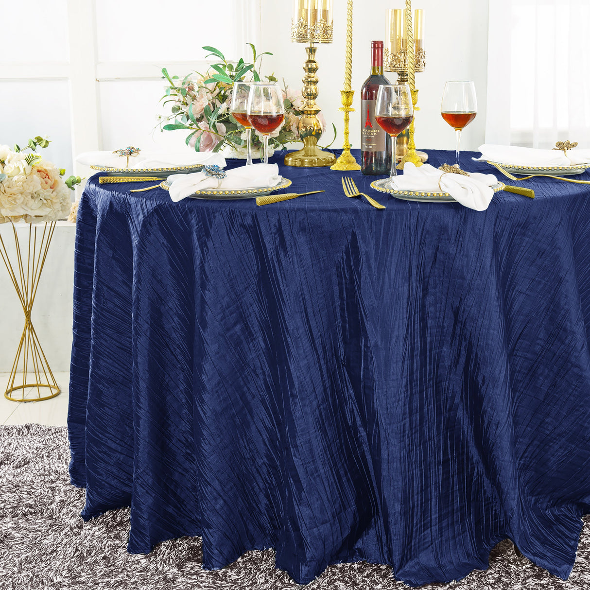 Round Accordion Crinkle Taffeta Tablecloth 132 Navy Blue