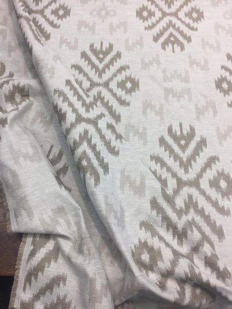 Ikat Beige Khaki Cotton Polyester Fabric - Beige Khaki Ikat Jacquard, 19" Vertical Repeat, 14" Horizontal Repeat (1 Yard)