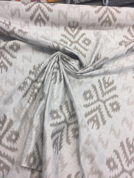Ikat Beige Khaki Cotton Polyester Fabric - Beige Khaki Ikat Jacquard, 19" Vertical Repeat, 14" Horizontal Repeat (1 Yard)