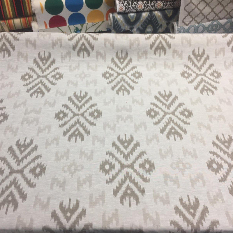 Ikat Beige Khaki Cotton Polyester Fabric - Beige Khaki Ikat Jacquard, 19" Vertical Repeat, 14" Horizontal Repeat (1 Yard)