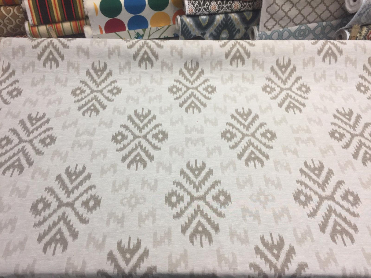 Ikat Beige Khaki Cotton Polyester Fabric - Beige Khaki Ikat Jacquard, 19" Vertical Repeat, 14" Horizontal Repeat (1 Yard)