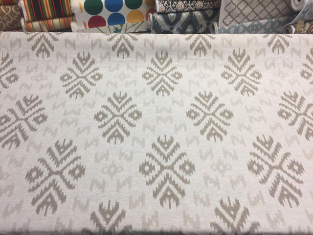 Ikat Beige Khaki Cotton Polyester Fabric - Beige Khaki Ikat Jacquard, 19" Vertical Repeat, 14" Horizontal Repeat (1 Yard)