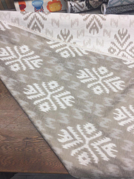 Ikat Beige Khaki Cotton Polyester Fabric - Beige Khaki Ikat Jacquard, 19" Vertical Repeat, 14" Horizontal Repeat (1 Yard)