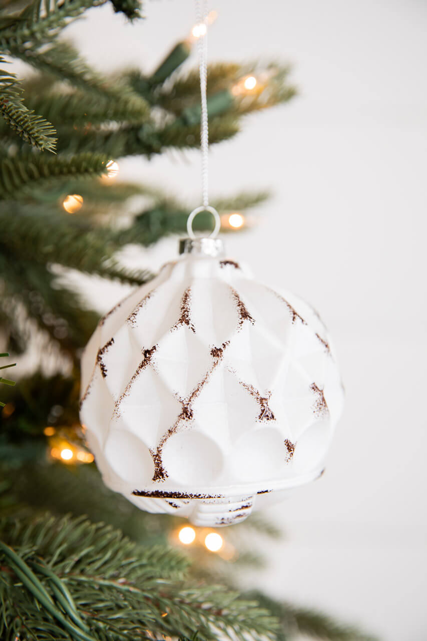 4” White and Black Glass Dotted/Striped/Quilted Ornament