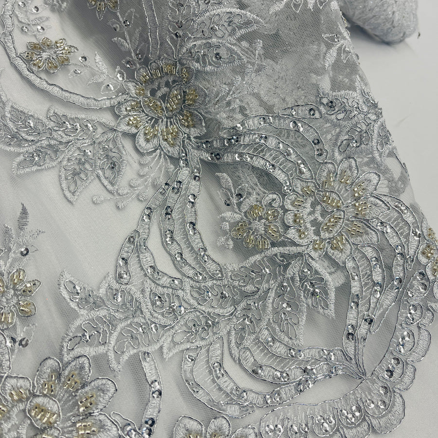 1 Yard Beaded & Corded Bridal Lace Fabric Embroidered on 100% Polyester Net Mesh