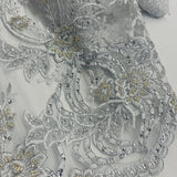 1 Yard Beaded & Corded Bridal Lace Fabric Embroidered on 100% Polyester Net Mesh