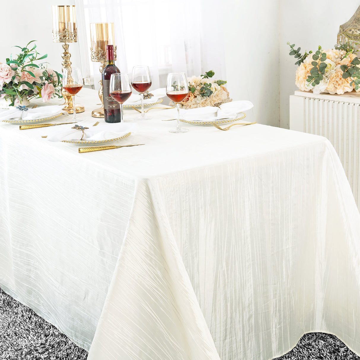 Rectangular Accordion Crinkle Taffeta Tablecloth 90x132 Ivory
