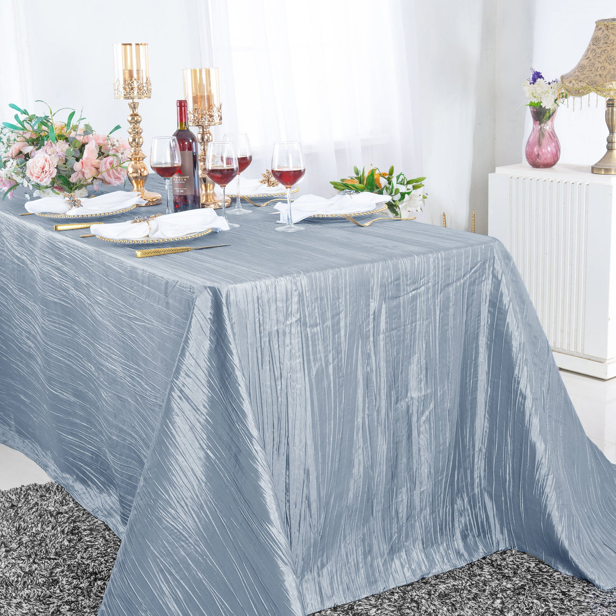 Rectangular Accordion Crinkle Taffeta Tablecloth 90x156 Dusty Blue