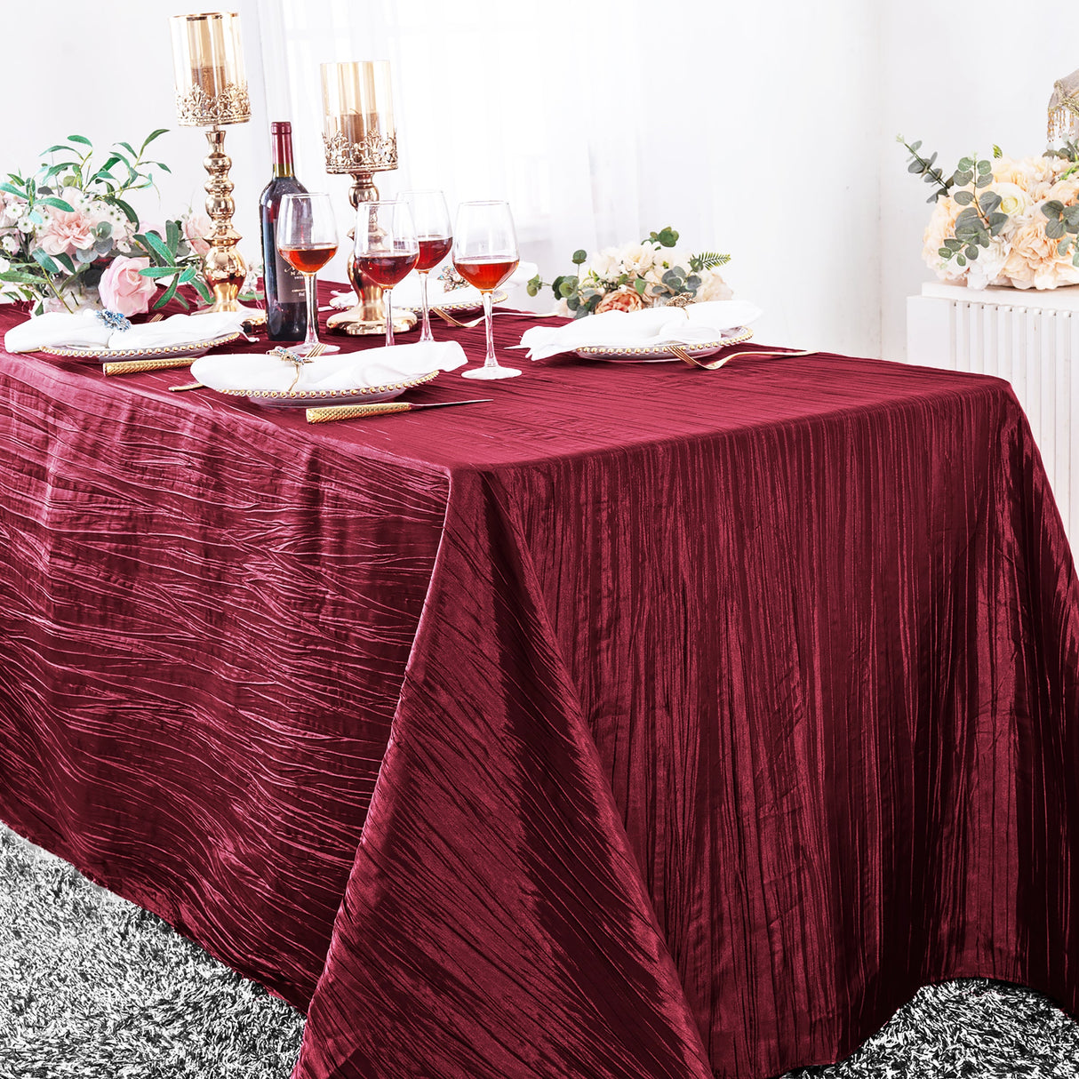 Rectangular Accordion Crinkle Taffeta Tablecloth 90x132 Burgundy
