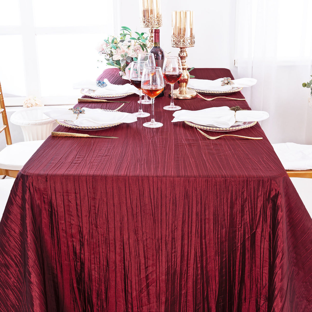 Rectangular Accordion Crinkle Taffeta Tablecloth 90x132 Burgundy