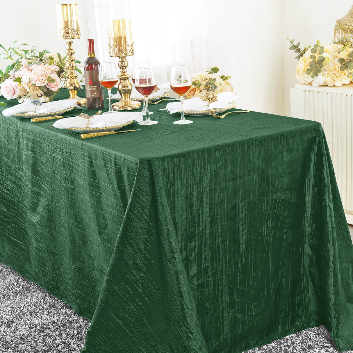 Accordion Crinkle Taffeta Rectangular Tablecloth 90x132 Hunter Green/Holly Green