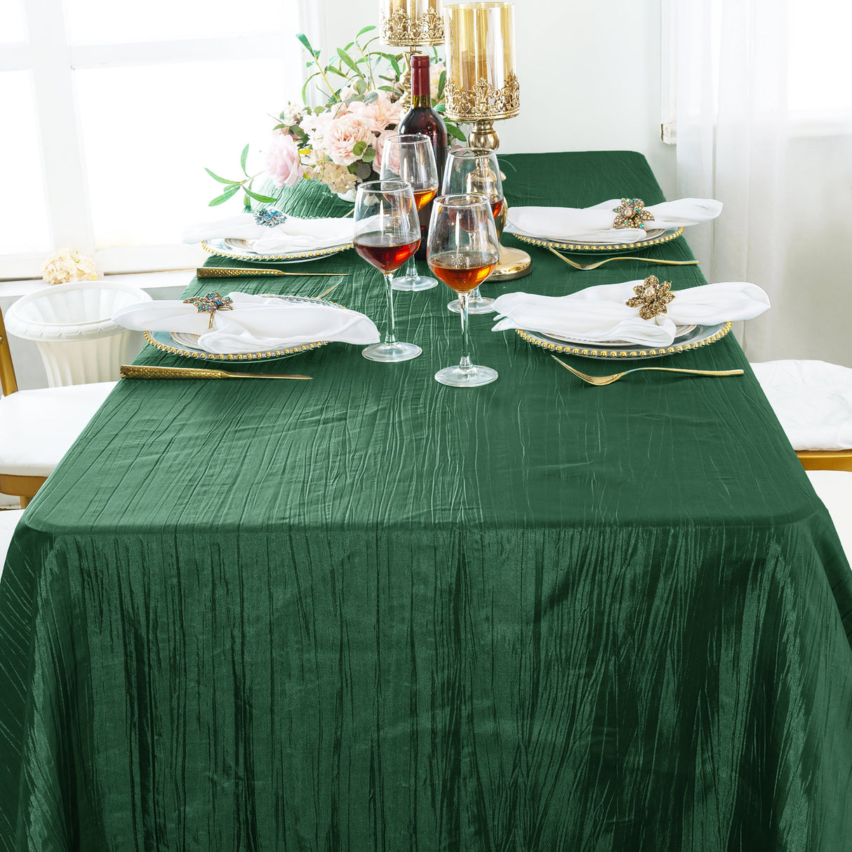 Accordion Crinkle Taffeta Rectangular Tablecloth 90x132 Hunter Green/Holly Green