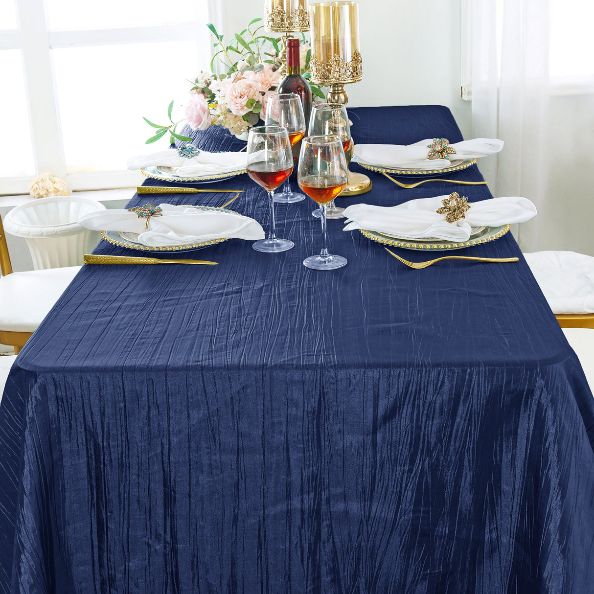 Rectangular Accordion Crinkle Taffeta Tablecloth 90x156 Navy Blue