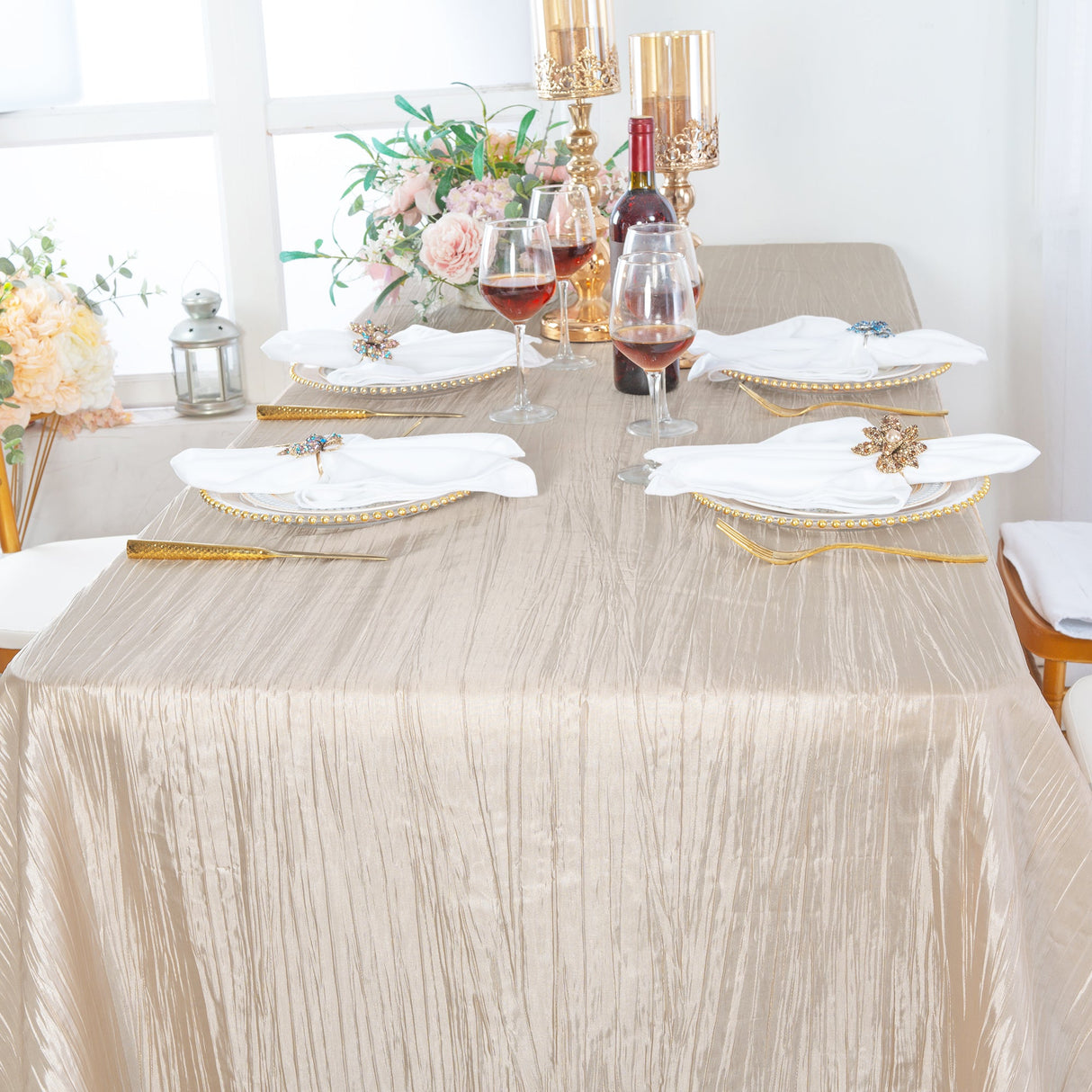 Rectangular Accordion Crinkle Taffeta Tablecloth 90x156 Champagne