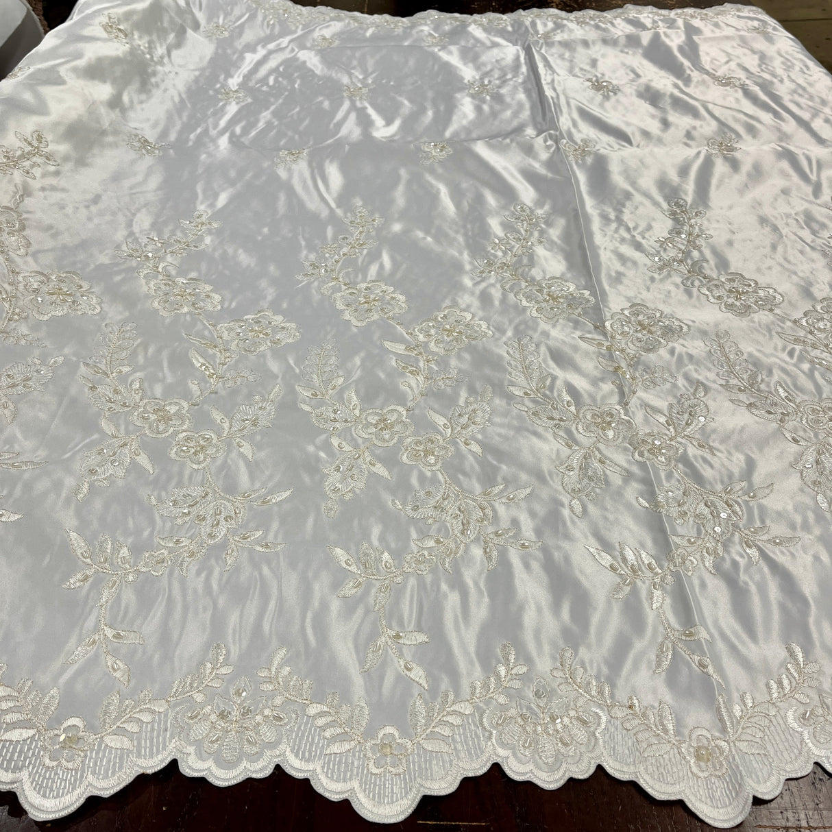 Beaded Bridal Lace Fabric - 100 Percent Polyester Satin, Floral Embroidery, 54" Width (1 Yard)