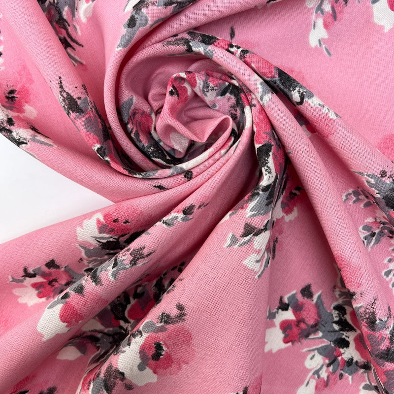 Printed Polyester Fabric Gray Pink Floral